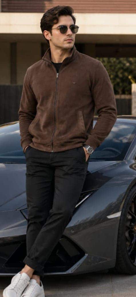 A men's brown fleece jacket with a stand collar and full zip
