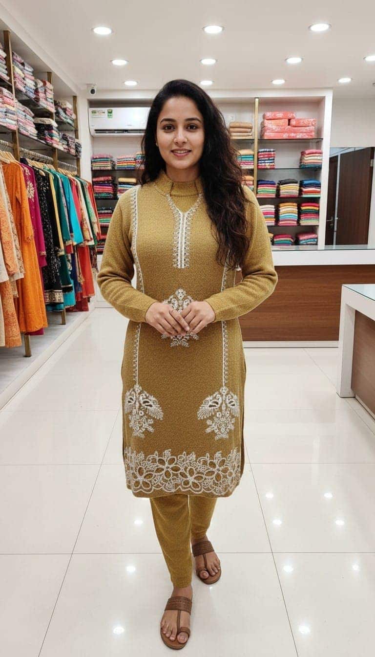A woollen kurti and trouser set in mustard with white thread embroidery, worn on the showroom floor
