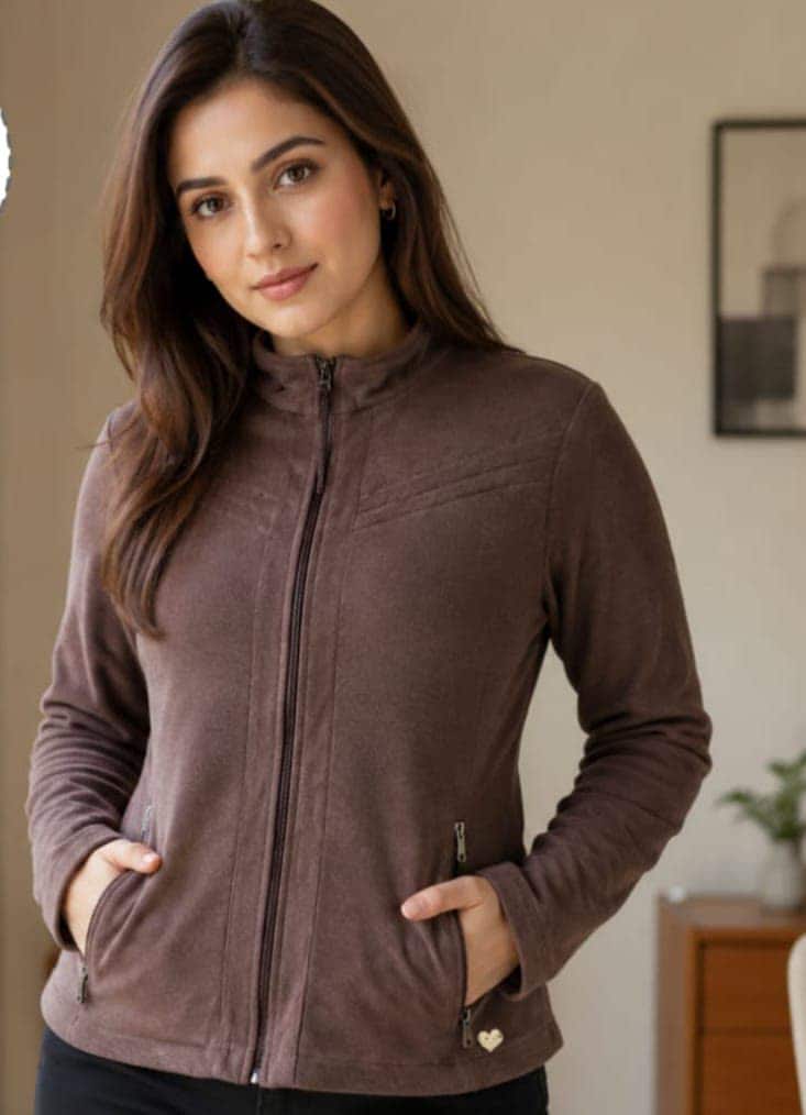 A women's brown fleece jacket with a stand collar and zipped side pockets
